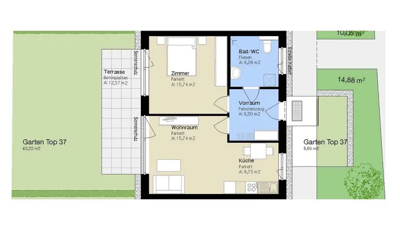 Grundriss einer Wohnung mit Terrasse und Gartenanteil, aufgeteilt in Wohn-, Schlafzimmer und Bad.