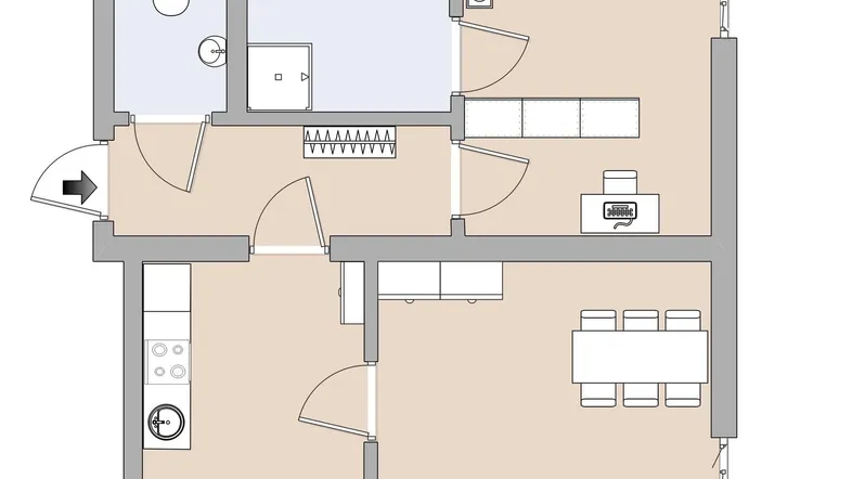 Grundriss einer Wohnung mit separater Küche, Wohnzimmer, Schlafzimmer und Badezimmer.