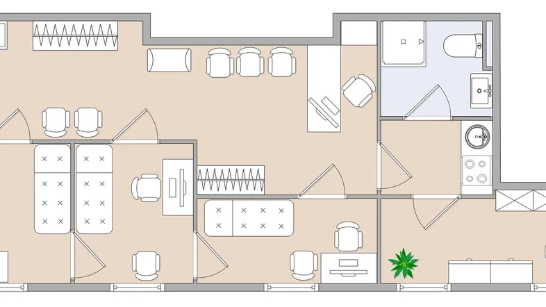 Grundrissplan einer geräumigen Einheit mit mehreren Zimmern, einer Küche und einem Badezimmer.