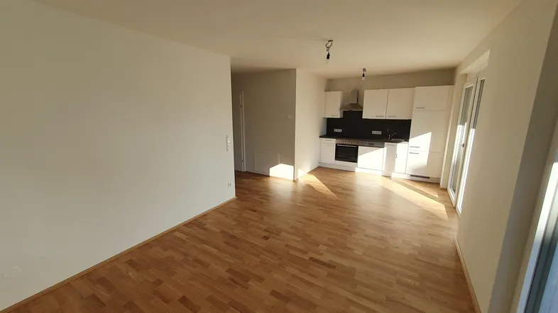 Heller offener Wohnbereich mit integrierter Küche, Parkettboden und viel Tageslicht.