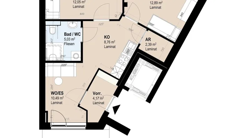 Detaillierter Grundriss einer Wohnung mit zwei Zimmern, Bad und offenem Wohn-/Essbereich.