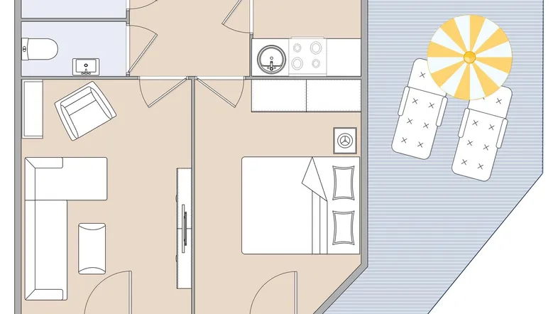 Detaillierter Grundriss der Wohnung mit zwei Terrassen und offenem Wohnbereich.