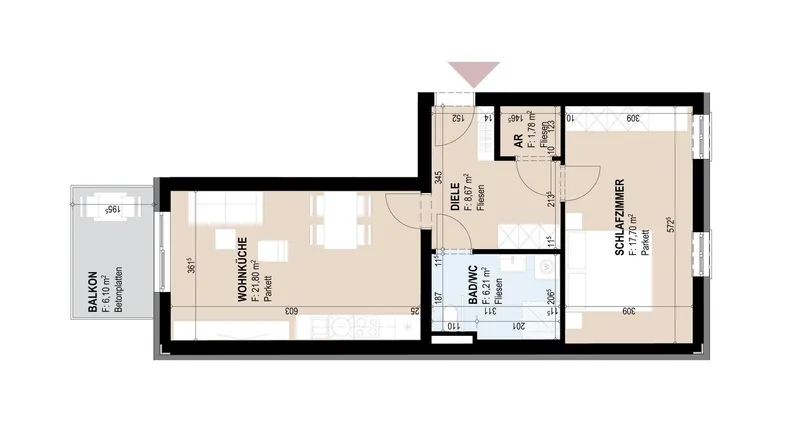 Grundriss einer Wohnung mit offener Wohnküche, Schlafzimmer, Bad und Balkon.