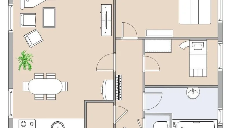 Grundriss einer Wohnung mit offenem Wohnbereich, zwei Schlafzimmern und einem Badezimmer.