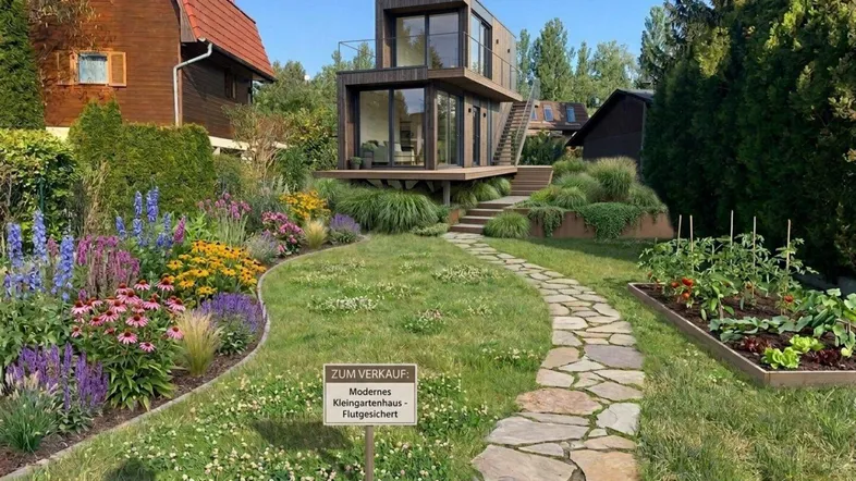Modernes Kleingartenhaus mit großzügigem Garten, Blumenbeeten und einem geschwungenen Steinweg.