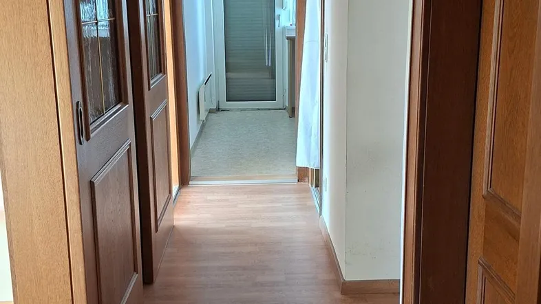 Langer Flur mit Laminatboden und Holztüren, der zu weiteren Räumen führt und einen Bogen zeigt.