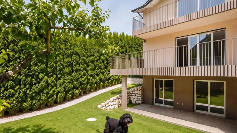 Gepflegter Gartenbereich mit Rasenfläche und moderner Gebäudefassade, ideal für Haustiere und Entspannung.