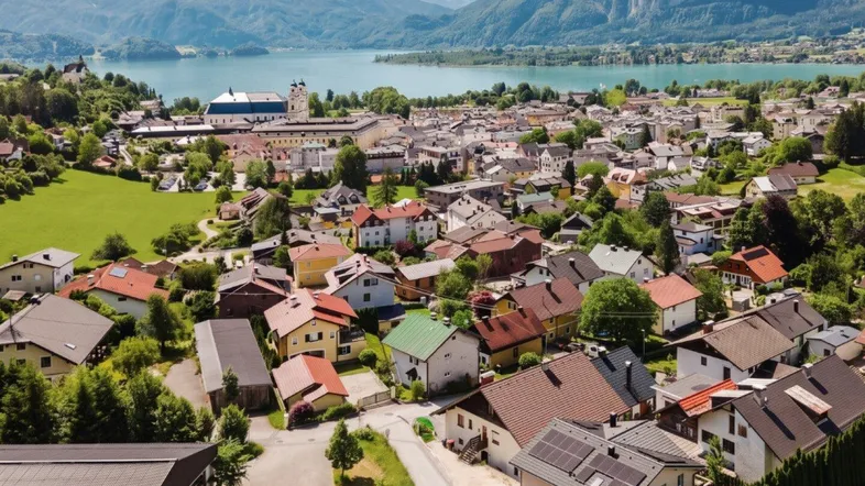 Panoramablick auf eine malerische Stadt am Seeufer mit Bergen im Hintergrund.