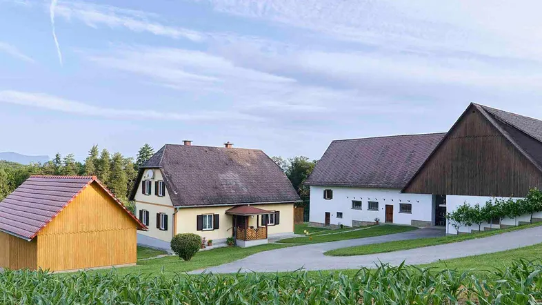 Ländliches Anwesen mit mehreren Gebäuden und weitem Blick über grüne Felder.