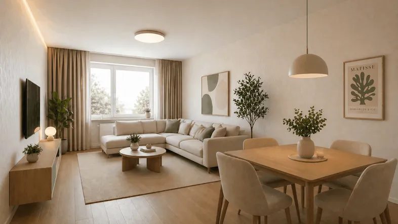 Helles, modern eingerichtetes Wohn-Esszimmer mit beigem Sofa, Holzboden und Blick ins Grüne.