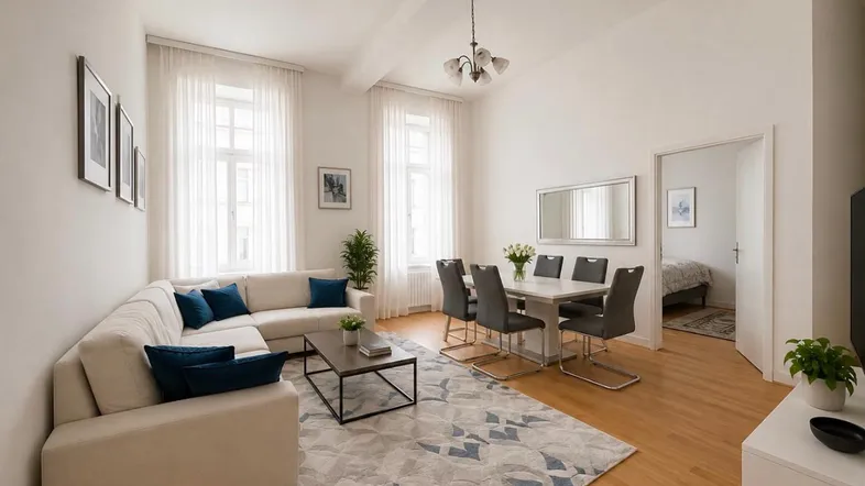 Heller, offener Wohn- und Essbereich mit Holzboden, beigem Ecksofa und modernem Esstisch.