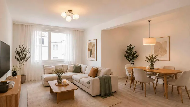 Helles Wohn-Esszimmer mit modernem Sofa, Esstisch und großen Fenstern, modern eingerichtet.