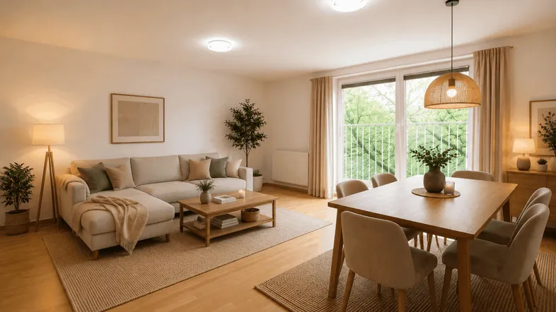 Heller Wohn-Essbereich mit beigem Sofa, Holztisch und Blick ins Grüne durch große Fenster.