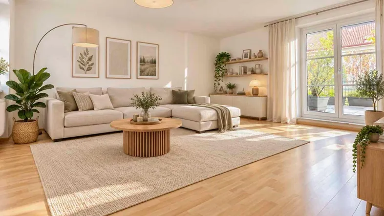 Helles und modern eingerichtetes Wohnzimmer mit beigem Sofa, Holzboden und Zugang zur Terrasse.