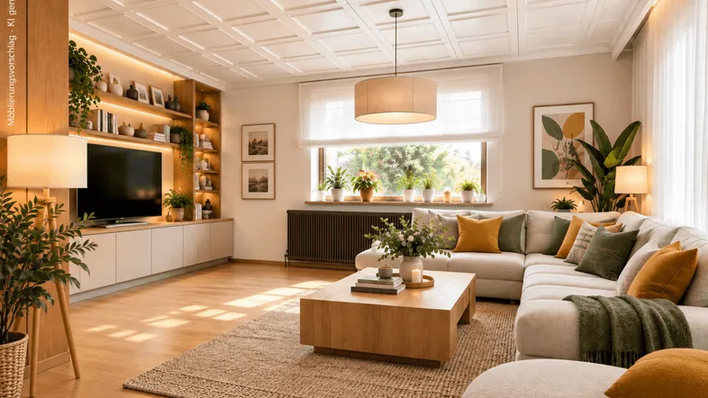 Helles, modern eingerichtetes Wohnzimmer mit bequemer Eckcouch, Holzboden und dekorativer Kassettendecke.
