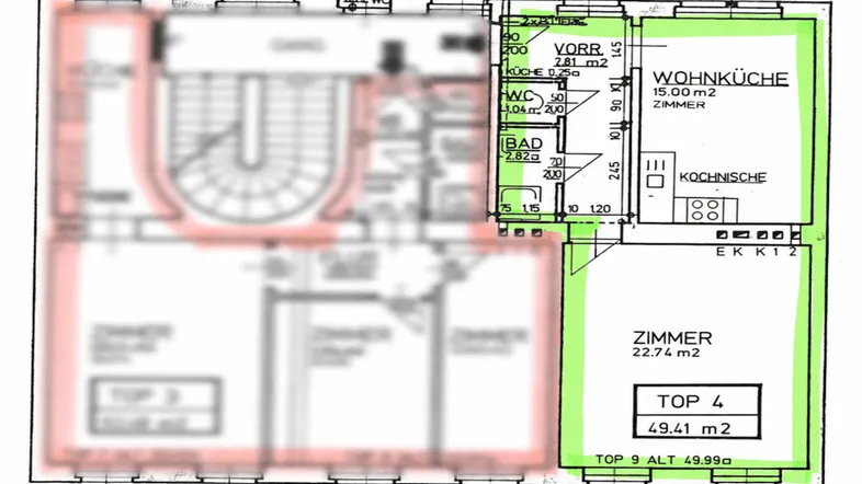 Grundrissplan einer Wohneinheit mit Wohnküche, Zimmer, Bad und separatem WC.