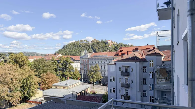 Blick über die Stadt mit historischen Gebäuden und einem bewaldeten Hügel im Hintergrund.