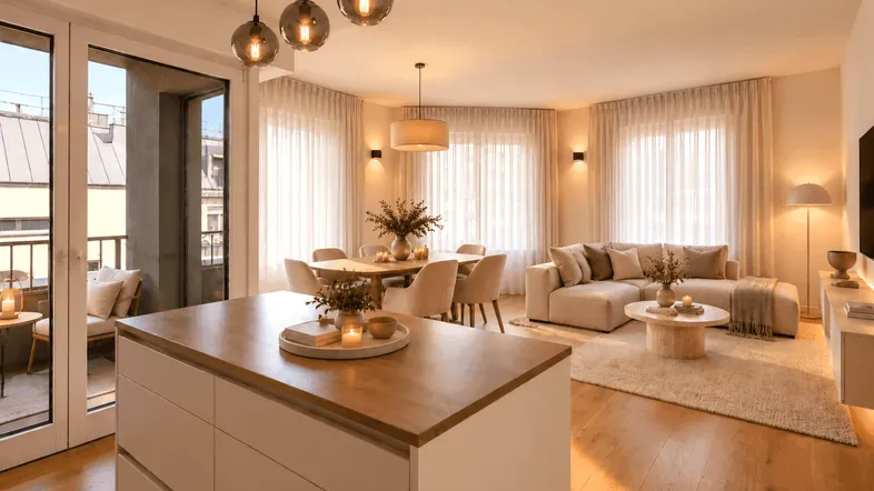 Heller, offener Wohn- und Essbereich mit integrierter Küche, Holzboden und Zugang zum Balkon.