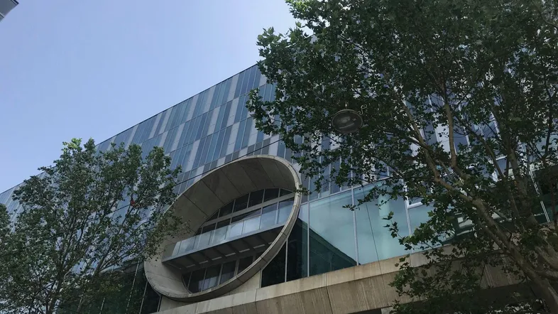 Moderne Architektur mit einer auffälligen ovalen Glasfassade und Bäumen im Vordergrund unter blauem Himmel.