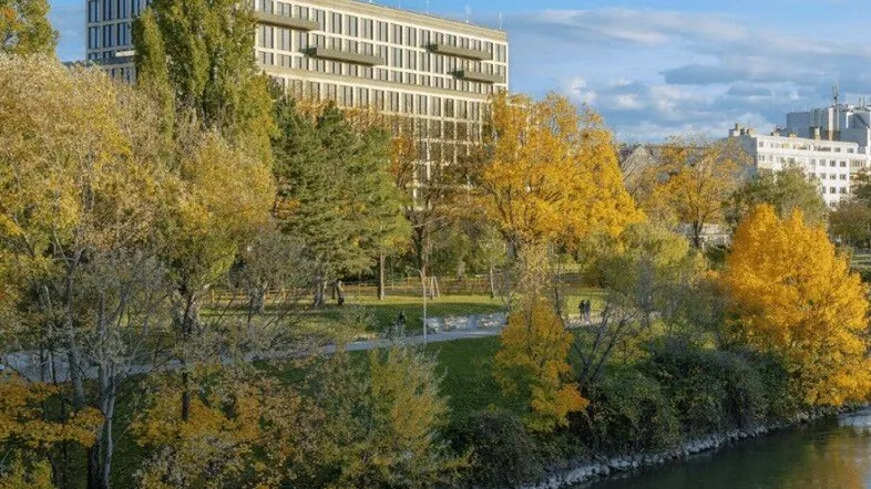 Modernes Bürogebäude am Flussufer, umgeben von herbstlichen Bäumen und Grünflächen unter blauem Himmel.