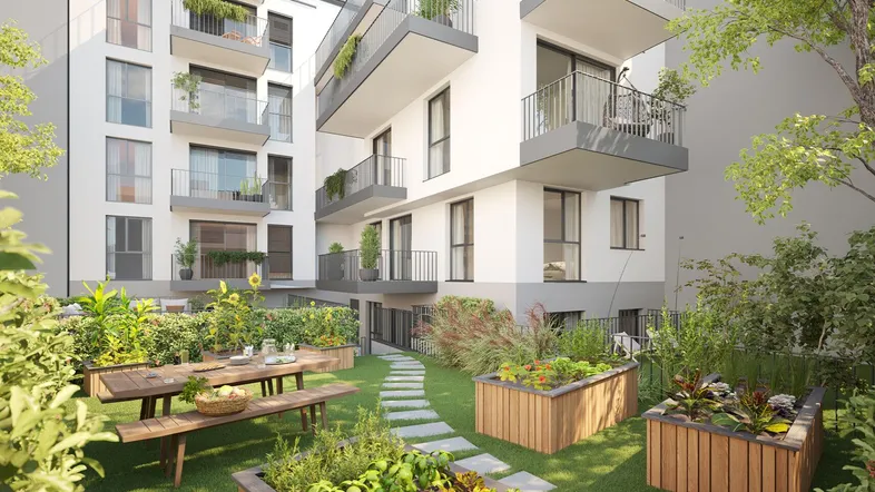 Moderner Innenhof mit Gemeinschaftsgarten, Hochbeeten und Sitzgelegenheiten vor der Wohnanlage.