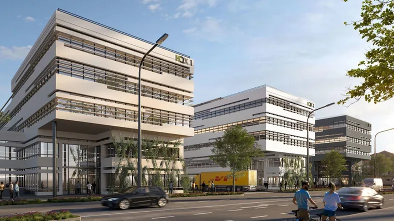 Visualisierung eines modernen Büro- und Gewerbekomplexes mit mehreren Gebäuden und Straßenansicht.