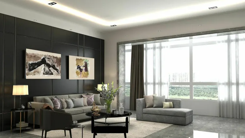 Modernes Wohnzimmer mit großen Fenstern, dunkler Akzentwand und stilvoller Einrichtung.