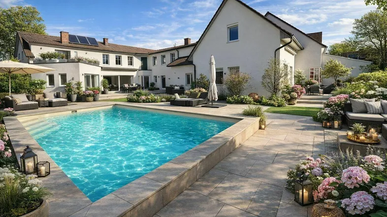 Großzügiger Außenbereich mit Pool, Sonnenterrasse und gepflegtem Garten hinter dem Haus.