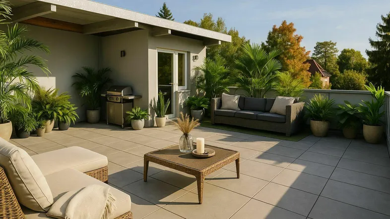 Geräumige Dachterrasse mit bequemen Loungemöbeln, Grillbereich und üppiger Bepflanzung für entspannte Stunden im Freien.