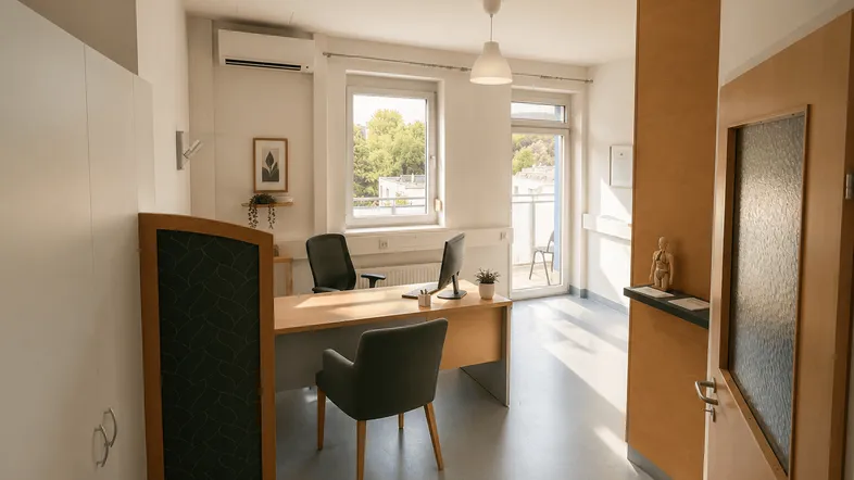 Helles und modernes Büro mit Schreibtisch, Stühlen und Blick ins Grüne durch große Fenster.