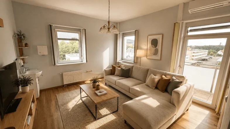 Helles Wohnzimmer mit beigem Ecksofa, Holzboden und Zugang zum Balkon, inklusive Klimaanlage.