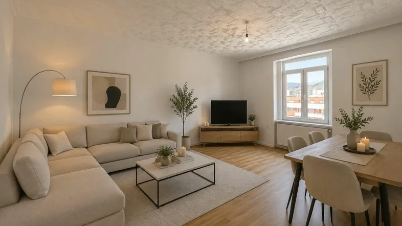 Heller Wohn-Essbereich mit beigem Ecksofa, Holzboden und Blick aus dem Fenster.