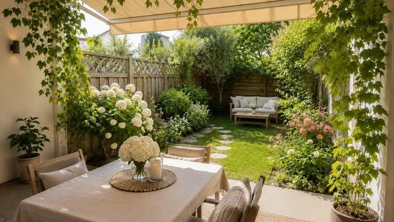 Gemütliche Terrasse mit Essbereich unter einer Pergola und Blick auf den gepflegten Garten mit Rasenfläche.