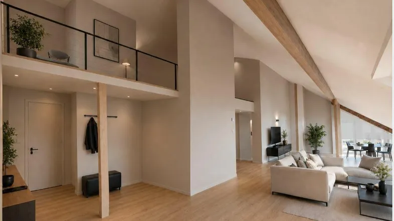 Geräumiger, offener Wohnbereich mit hohen Decken, Holzdetails und einer Galerieebene.