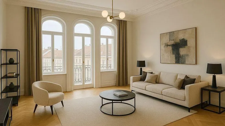 Helles, elegantes Wohnzimmer mit hohen Decken, Stuckelementen und Fischgrätparkettboden.