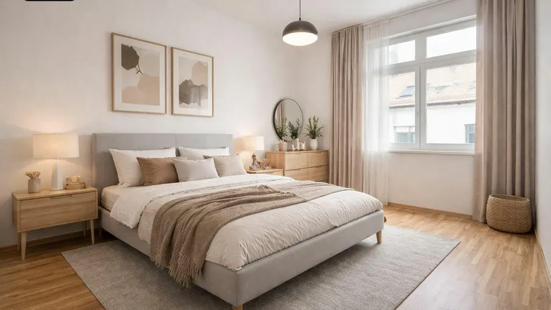 Helles Schlafzimmer mit großem Fenster, beigem Teppich und modernem Holzboden.