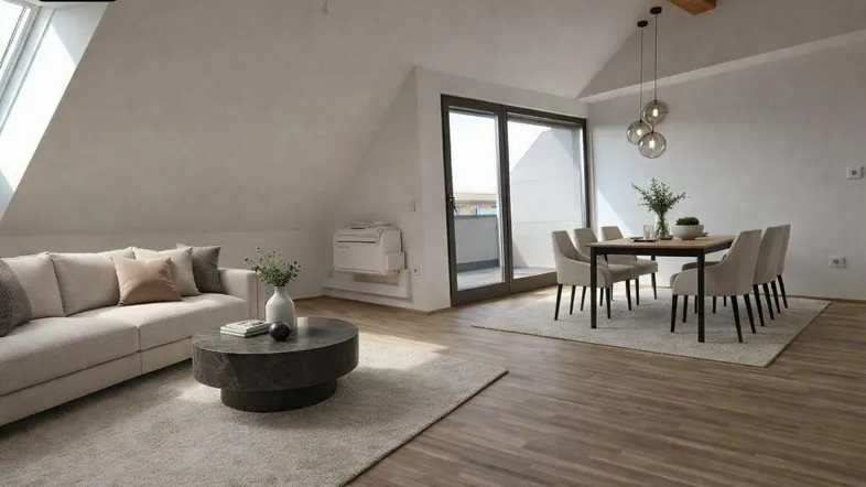 Helles Wohn- und Esszimmer im Dachgeschoss mit Holzbalken, Parkettboden und Zugang zur Terrasse.