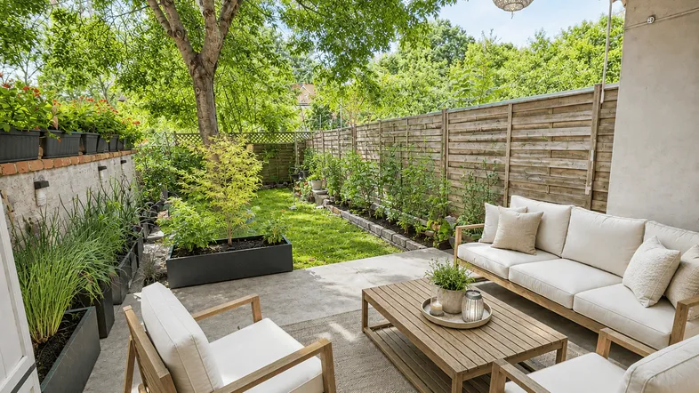 KI-bearbeitet – Terrasse mit eigenem Garten