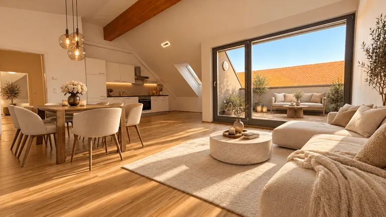 Helles, offenes Wohnzimmer mit Essbereich, integrierter Küche und direktem Zugang zu einer sonnigen Dachterrasse.
