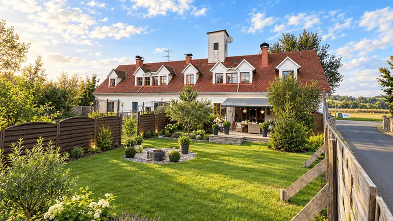 Gepflegter Garten mit Rasenfläche, Feuerstelle und Terrasse vor dem charmanten Landhaus.