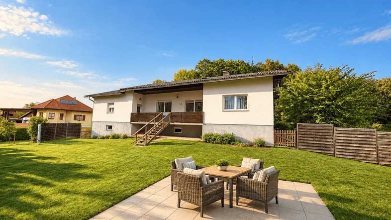 Geräumiger Garten mit gepflegtem Rasen und einer gemütlichen Terrasse für entspannte Stunden im Freien.