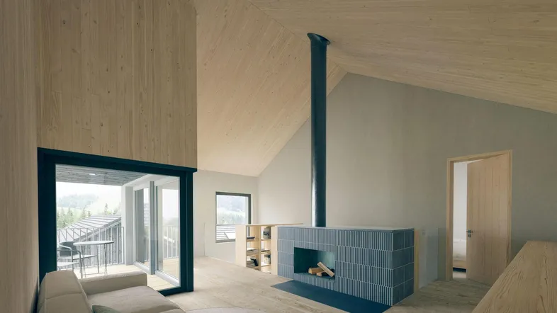 Helles Wohnzimmer mit Holzwänden, modernem Kamin und Zugang zu einem Balkon mit Aussicht.