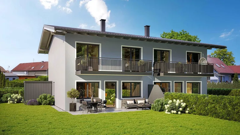 Moderne Doppelhaushälfte mit Balkonen, Terrasse und gepflegtem Garten in sonniger Lage.