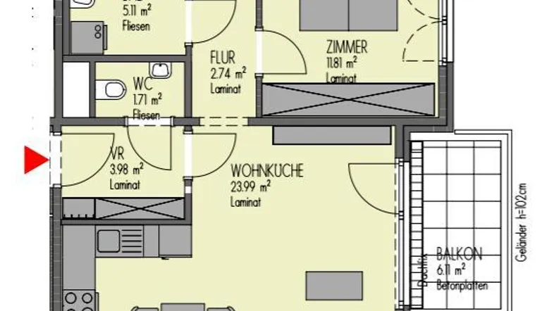 Detaillierter Grundriss einer Wohnung mit Wohnküche, Schlafzimmer, Bad und Balkon.