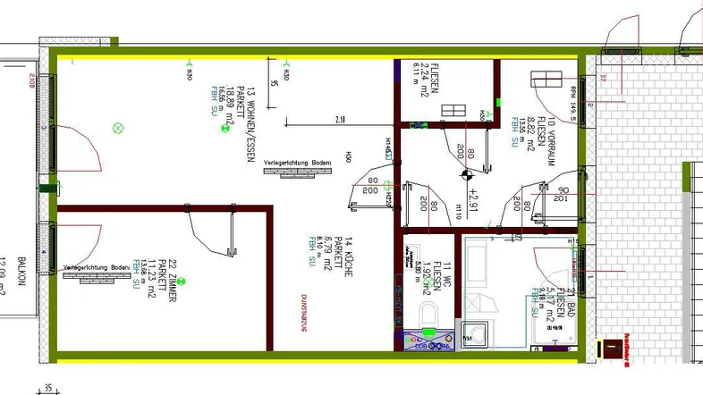 Grundrissplan einer modernen Wohnung mit offenem Wohn-/Essbereich, Schlafzimmer und Balkon.