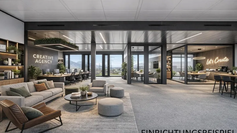 Modernes Büro mit offener Gestaltung, gemütlichen Sitzbereichen und Blick auf die Berge.