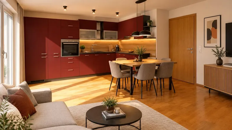 Moderner offener Wohn-Essbereich mit roter Einbauküche, Holzboden und Zugang zum Balkon.