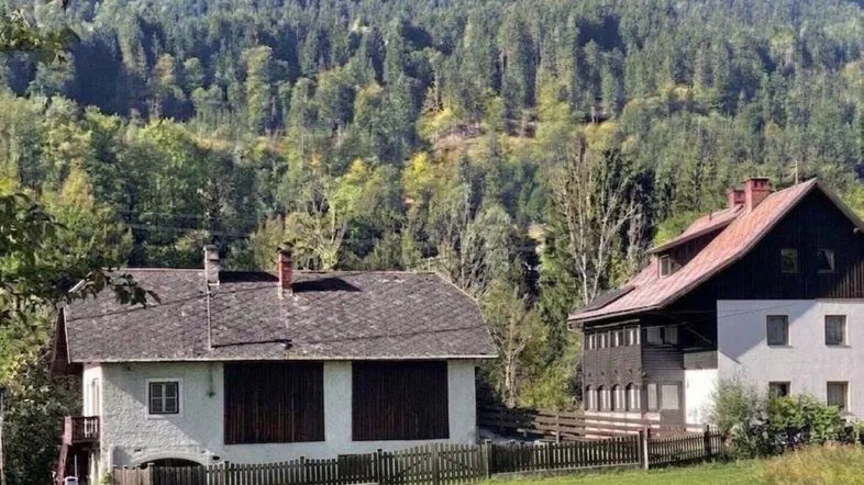 Zwei traditionelle Häuser in ländlicher Umgebung mit dichtem Wald und Bergen im Hintergrund.