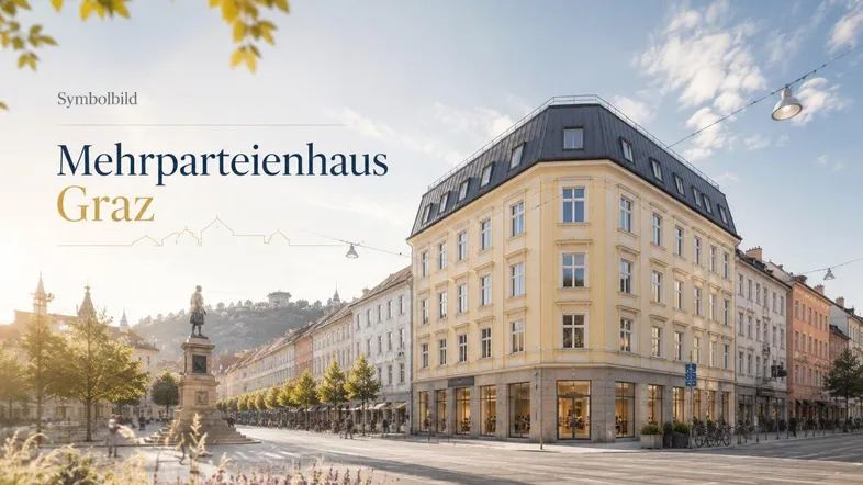 Visualisierung eines modernen Mehrparteienhauses in Graz mit Mansarddach und großen Fenstern an einer Straßenecke.