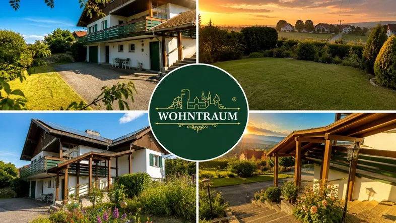 Vier Ansichten des Hauses mit Garten, Terrasse und weitem Blick bei Sonnenuntergang.